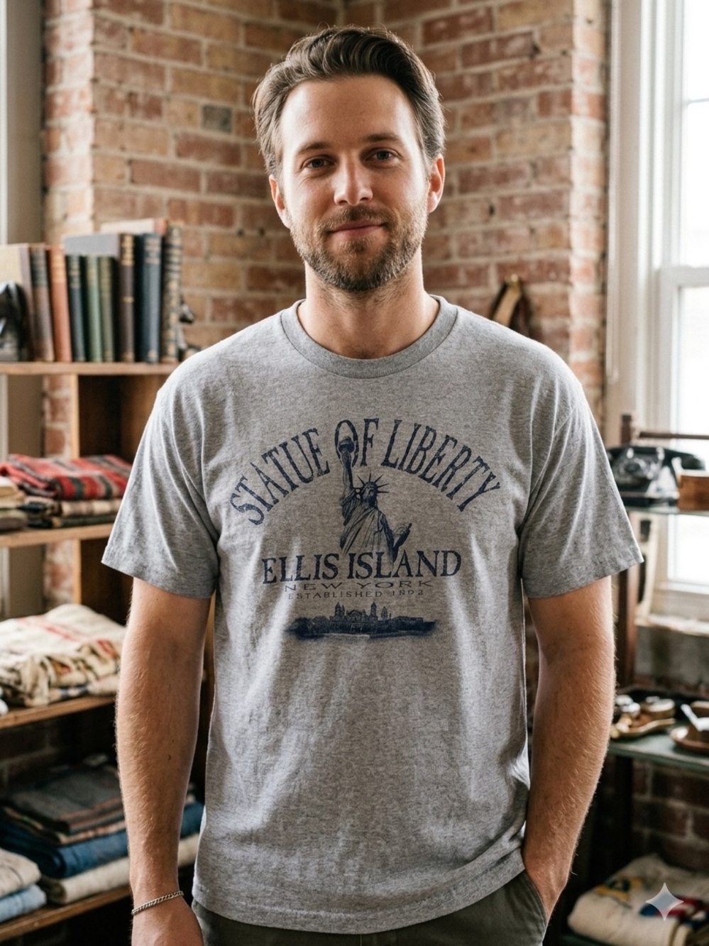 BAYSIDE Screen Stars Gray Statue of Liberty Ellis Island Graphic Tee. Size L